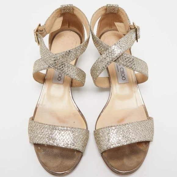 Jimmy Choo Gold/Silver Lurex Sz 39 Fabric Fearne Sandals Heels - Picture 4 of 7